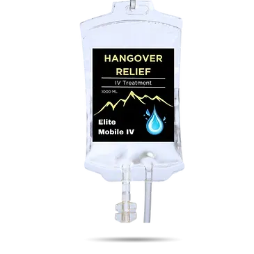 A white bag with a black label that says hangover relief