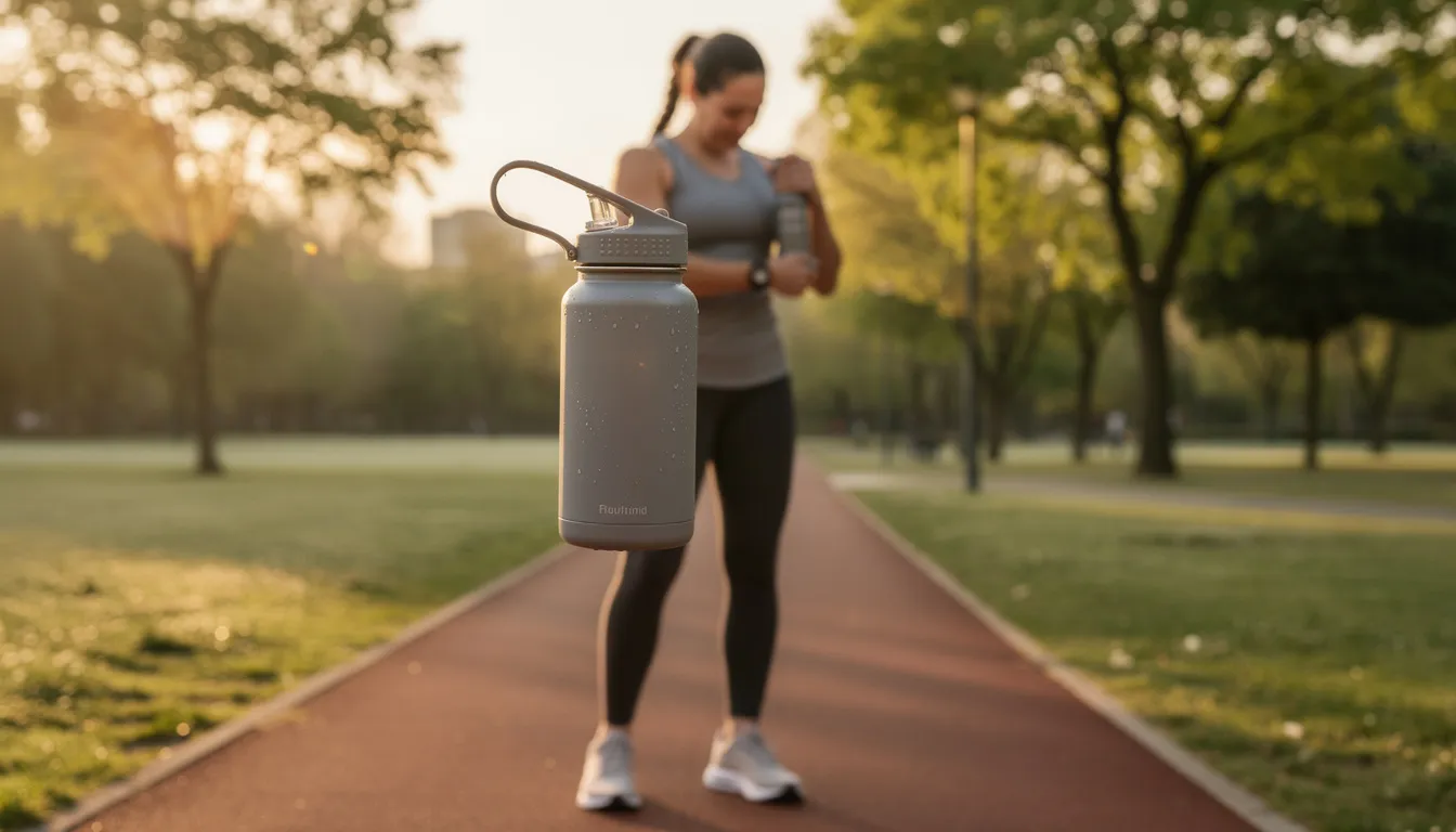 A person is holding a reusable water bottle while exercising outdoors, emphasizing the importance of daily hydration and maintaining fluid balance during intense physical activity. This image highlights the choice between drinking water and other hydration methods, such as IV therapy, for optimal hydration levels.