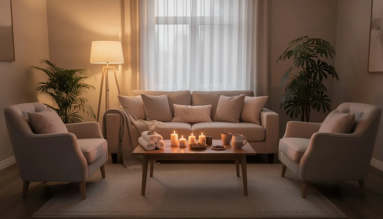 The image shows a cozy living room featuring a plush couch and comfortable armchairs, thoughtfully arranged for a relaxing at-home treatment. This inviting space is perfect for receiving mobile IV therapy, where licensed medical professionals can provide IV hydration therapy and other wellness treatments delivered to your door.