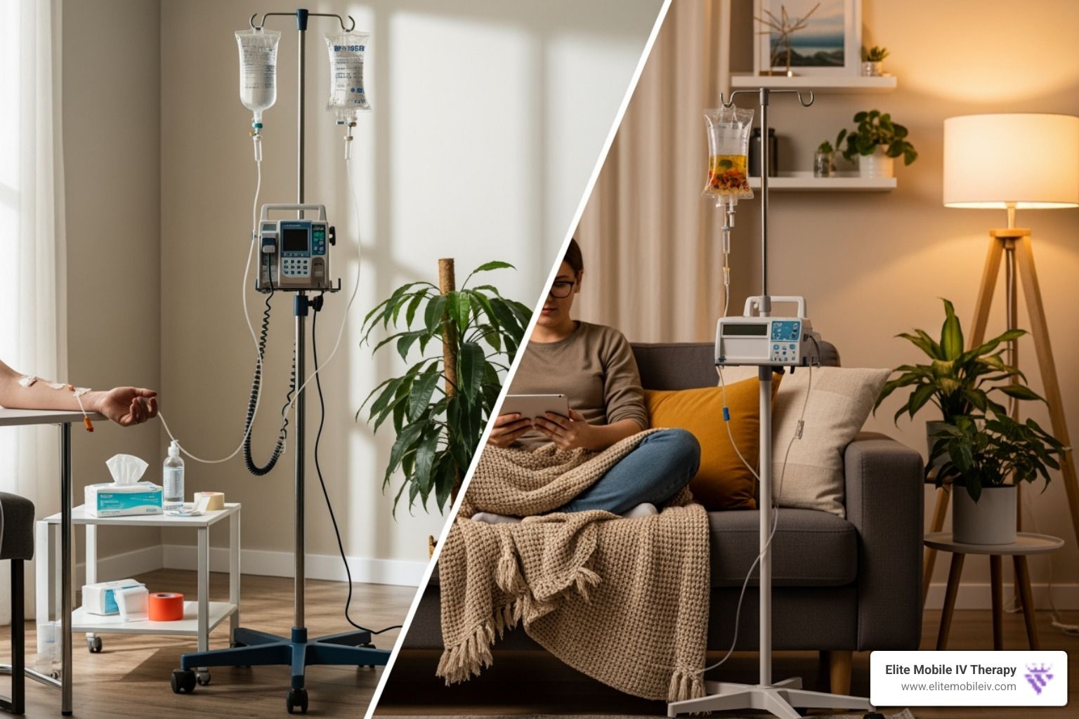 A clinical home care setup contrasted with a wellness-focused mobile IV setup - At home IV infusion