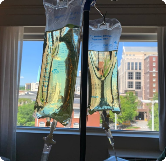 Two bags of liquid are hanging in front of a window