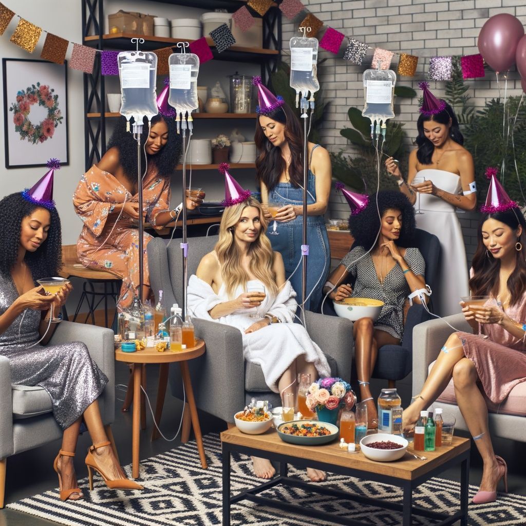 A group of women are sitting around a table with iv bags on them.