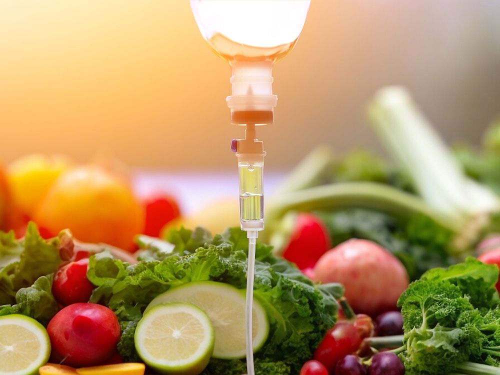 A close up of an intravenous drip in front of a variety of fruits and vegetables.