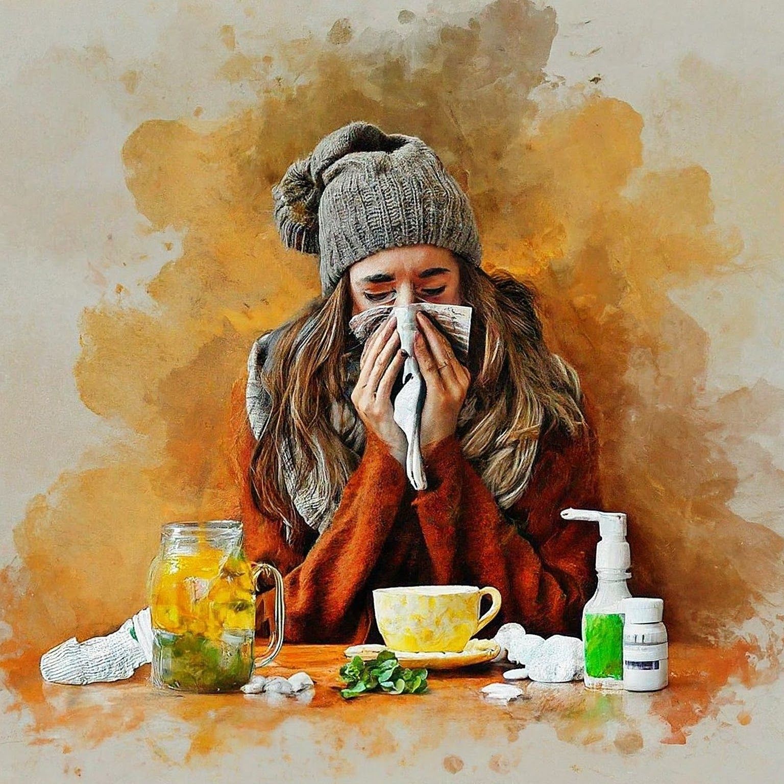 A woman is blowing her nose while sitting at a table with a cup of tea.