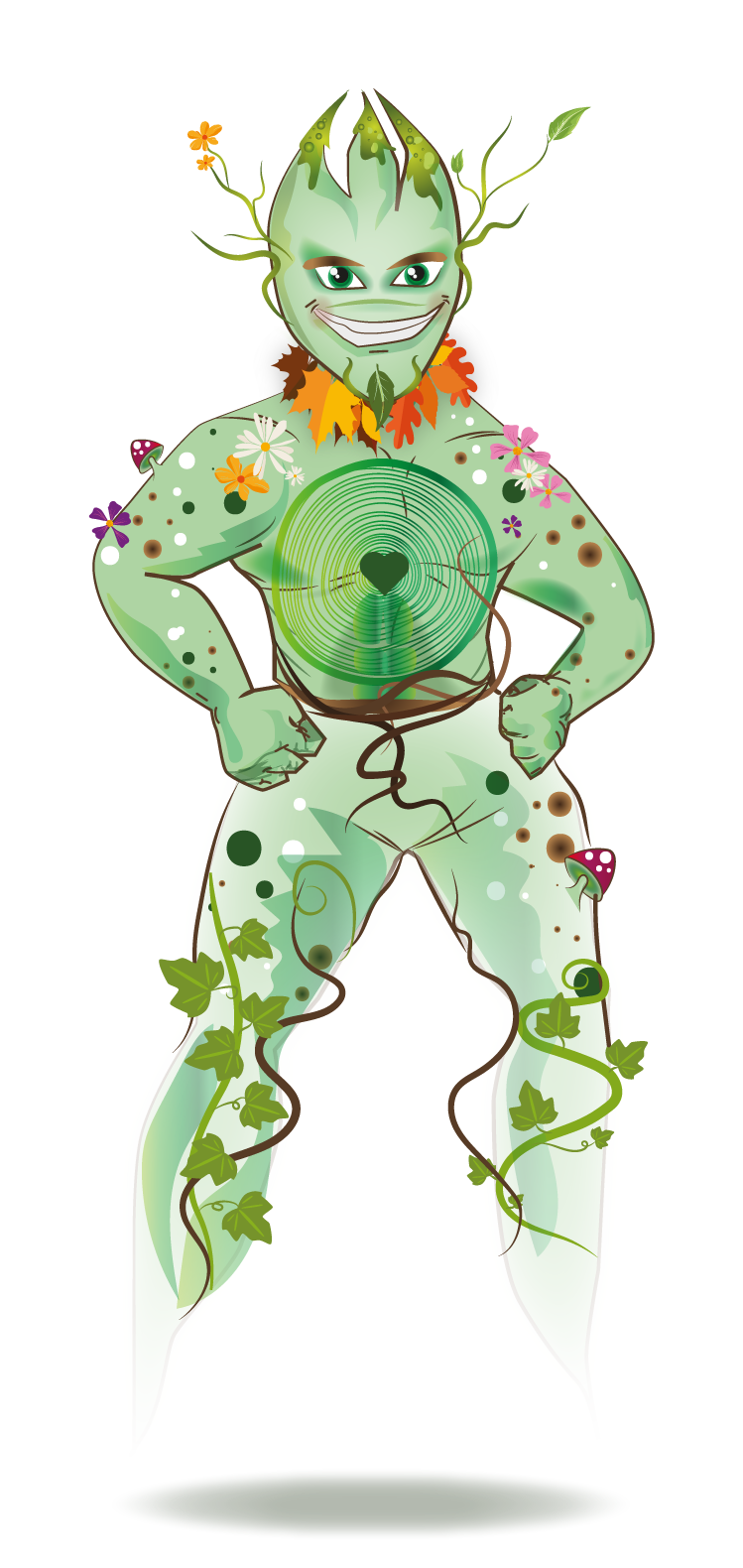 A cartoon character with a dream catcher on his chest