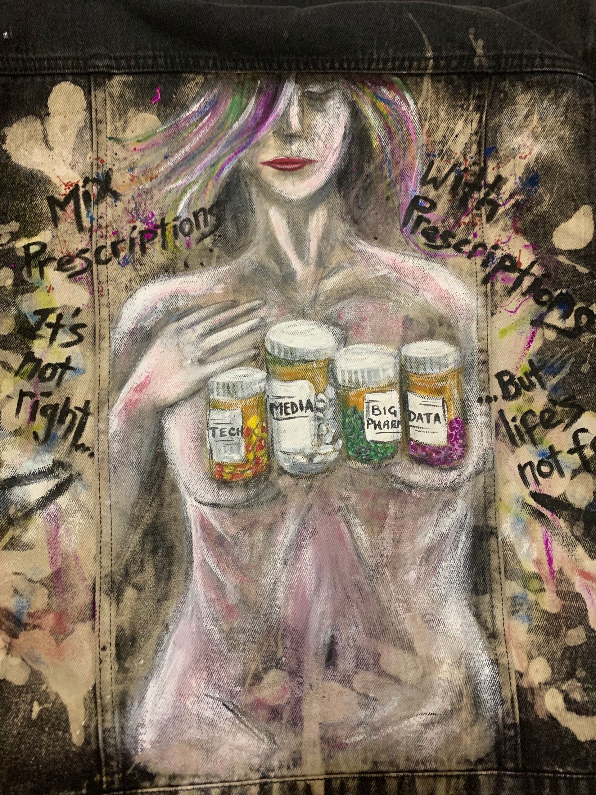 A painting of a woman holding bottles of pills across her exposed breasts, with the words 