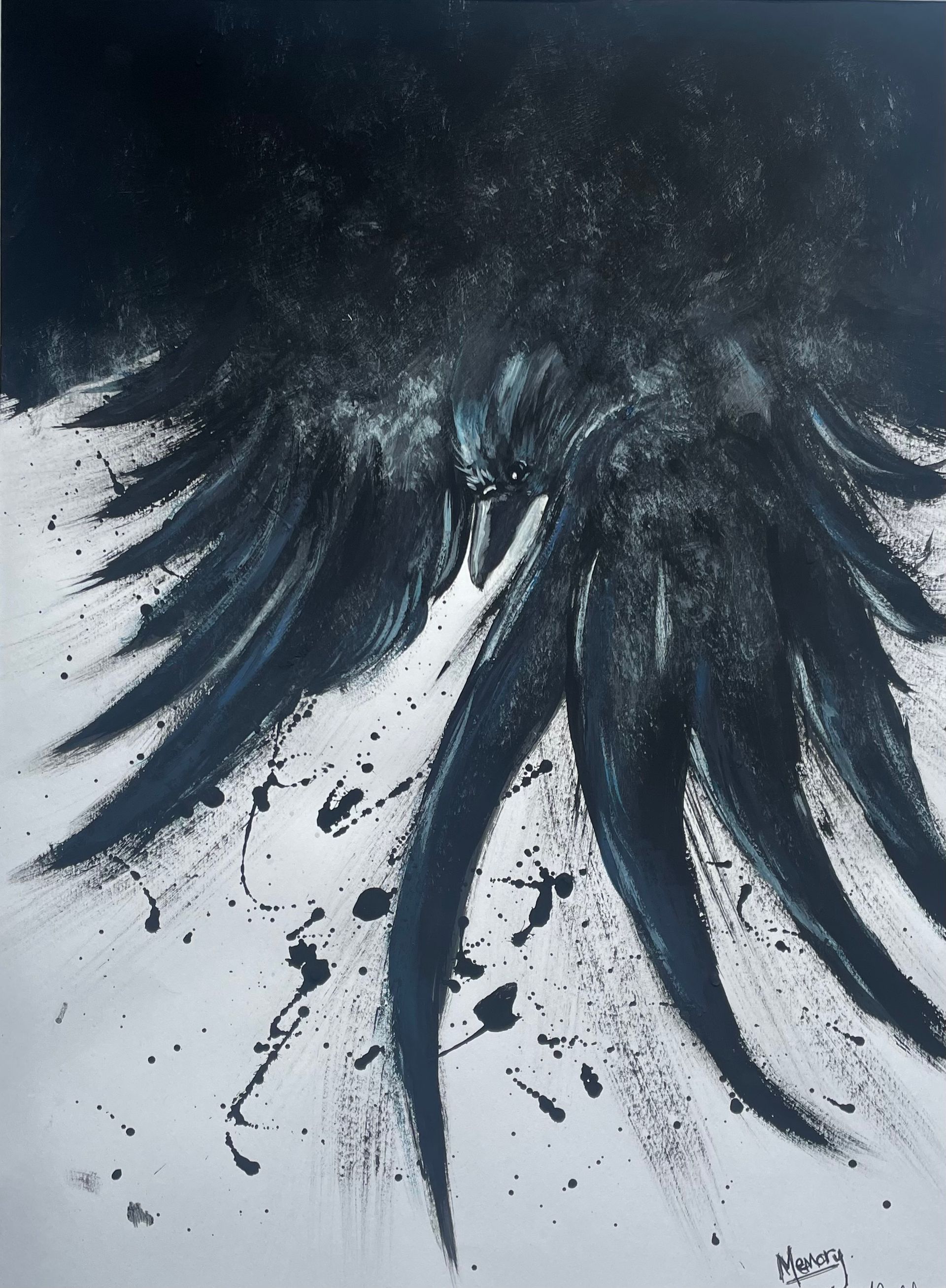 A black and white painting of a crow with a white background