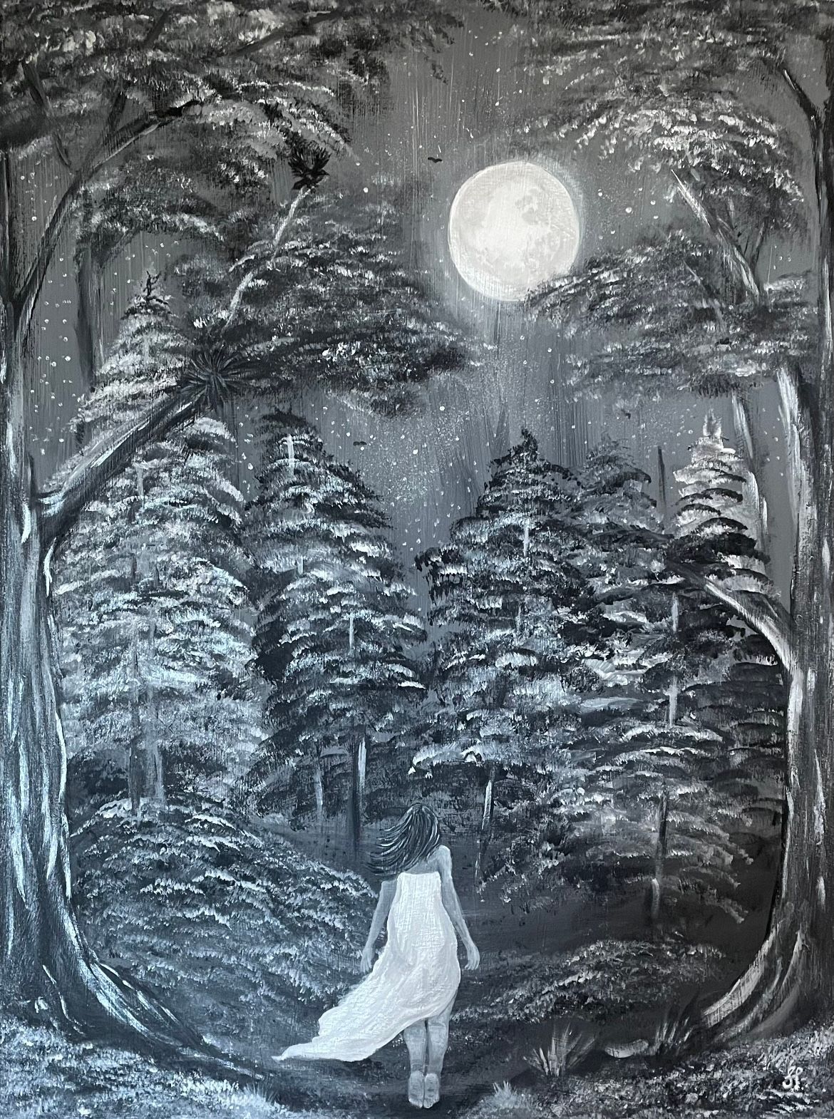 A black and white painting of a woman wearing a flowing white gown, floating through a forest at night.