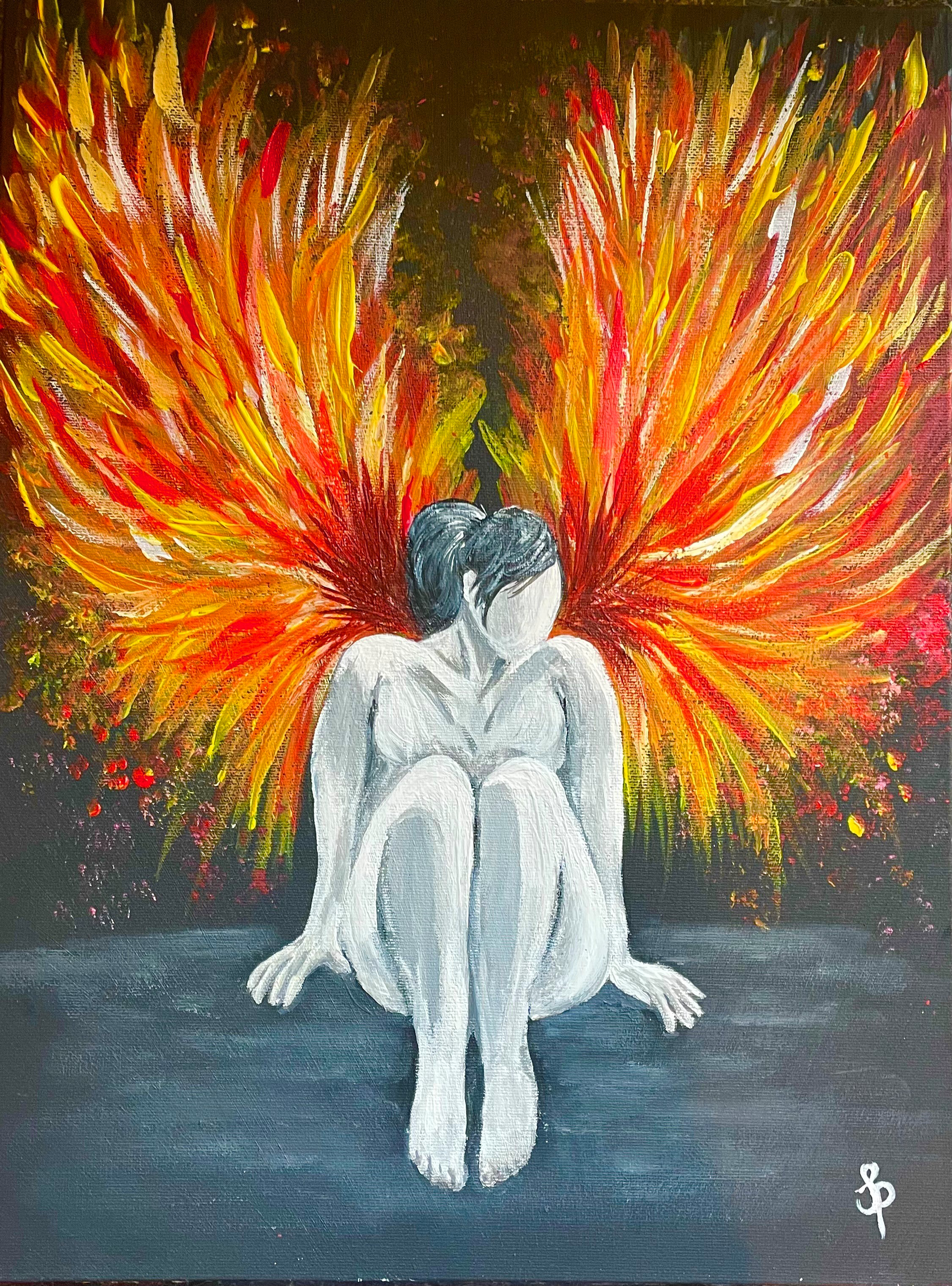A faceless woman, white and naked, sitting on the floor, with a bursts of fire behind her giving her the appearance of a phoenix