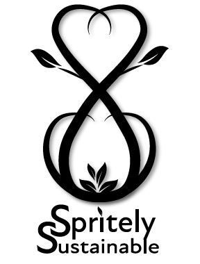 A black and white logo for spritely sustainable with a heart and leaves.