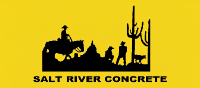 Yellow flag with black silhouette of a cowboy on horseback, desert landscape, and text "Salt River Concrete".