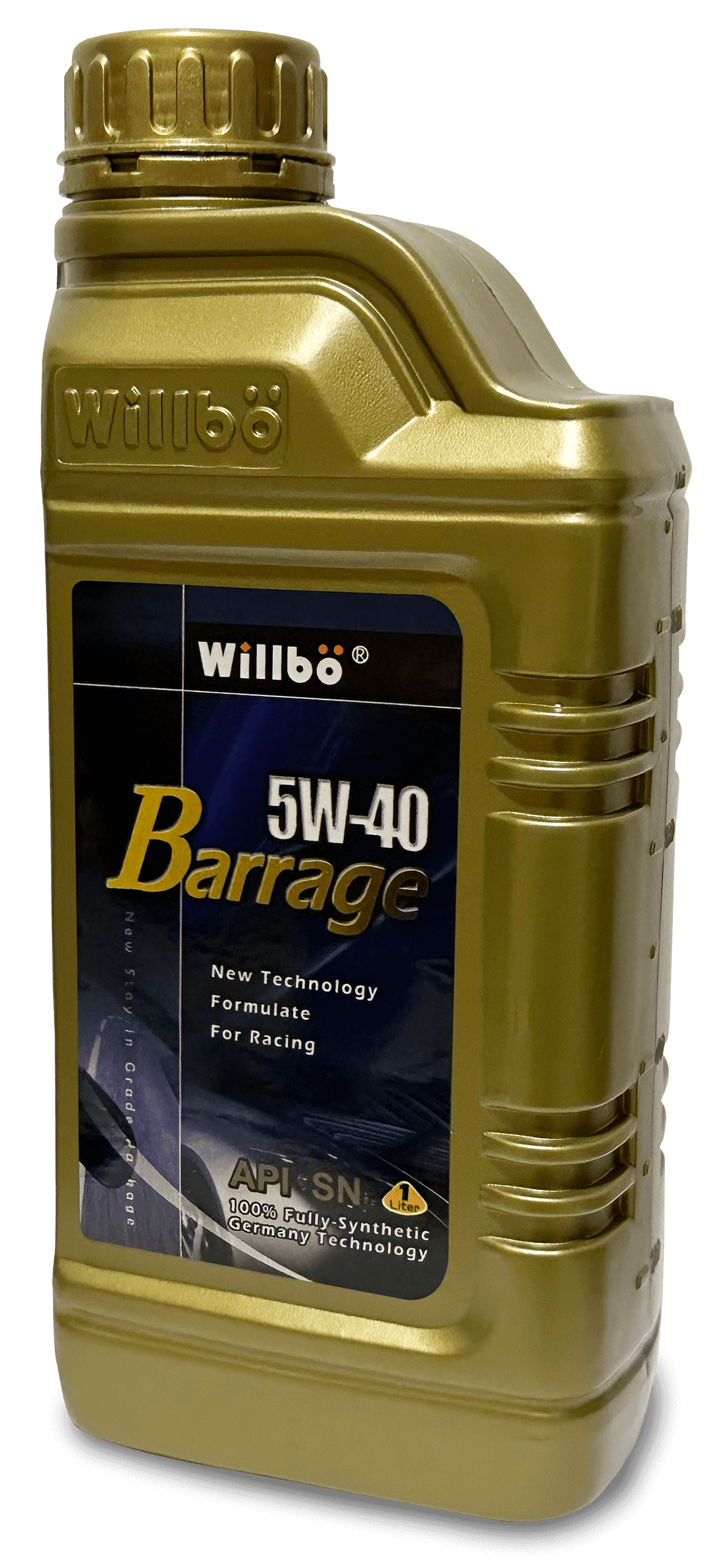 一瓶 Willbo 5w40 攔河機油在白色背景。