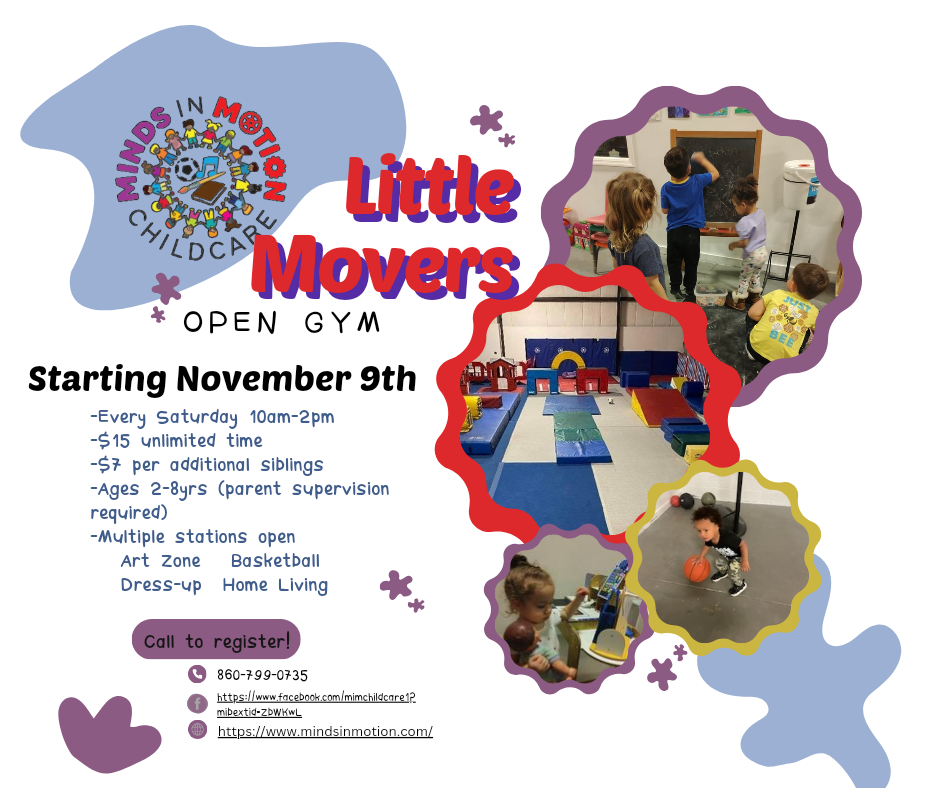 An advertisement for little movers open gym starting november 9th