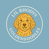 The logo for lil rhody 's golden doodles shows a dog 's head in a circle.