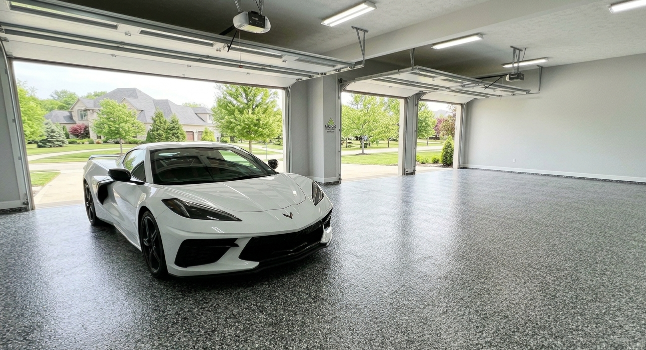 White sports car parked inside a modern garage with an open door, showing greenery outside.