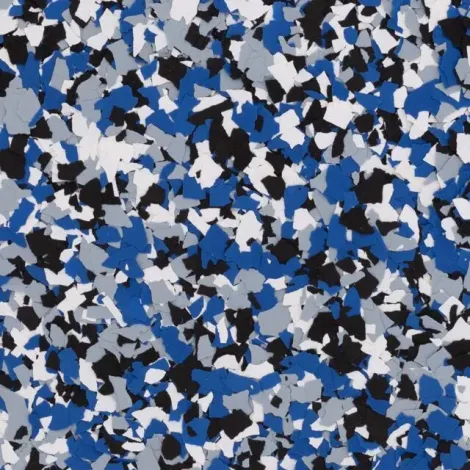 Abstract confetti-like pattern in blue, black, white, and gray camouflage shapes