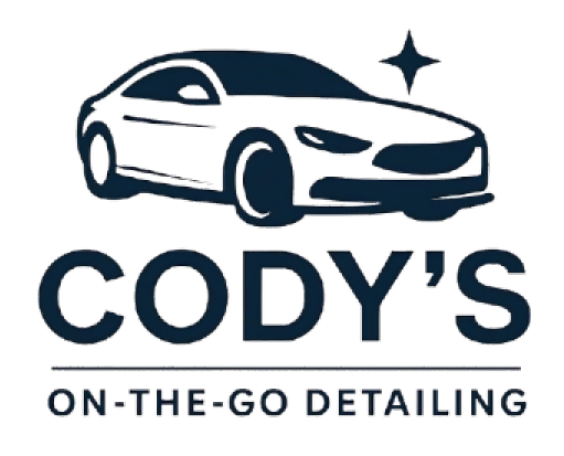 Codys on The Go Detailing Cody’s On-the-Go Detailing logo with a white car icon and navy text on a white background