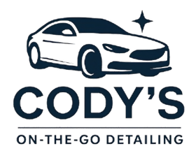 Codys on The Go Detailing Cody’s On-the-Go Detailing logo with a white car icon and navy text on a white background