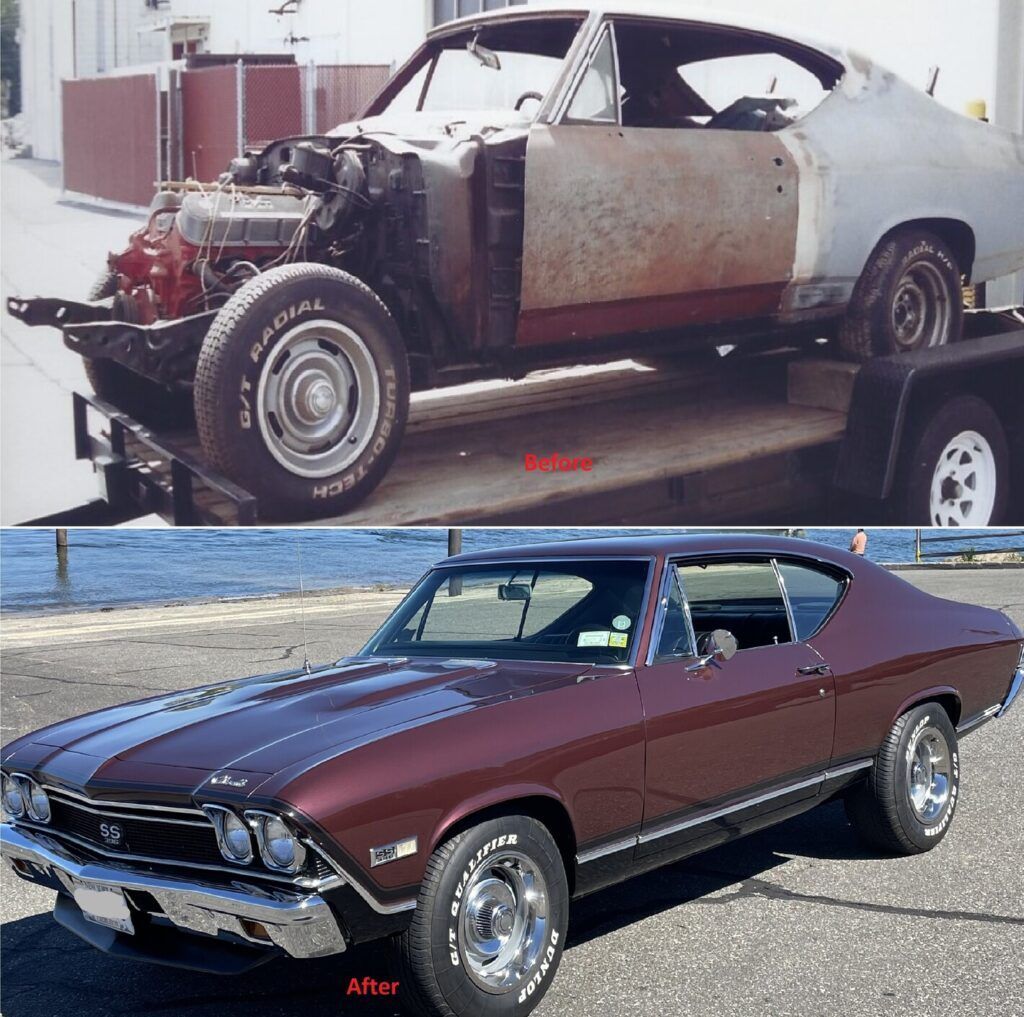 A picture of a car before and after being restored