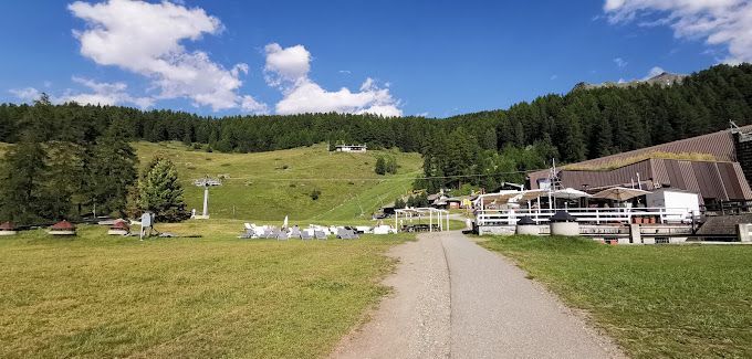 Una strada sterrata che attraversa un campo erboso con un edificio sullo sfondo.