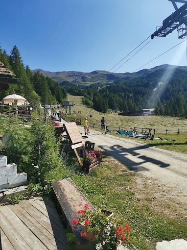 Un gruppo di persone sta camminando lungo una strada sterrata in montagna.