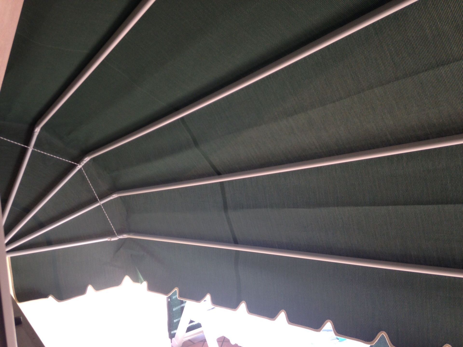 Una tenda da sole in tessuto verde scuro con bordo smerlato e struttura di supporto curva, vista dal basso.