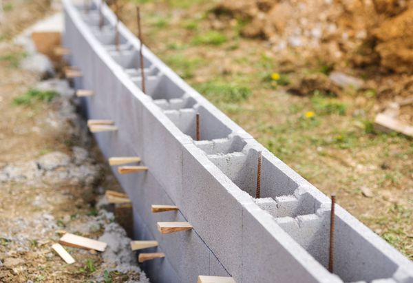 Concrete block wall under construction with wooden braces along a dirt foundation trench
