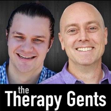 The logo for the therapy gents shows two men smiling The logo for the therapy gents shows two men smiling
