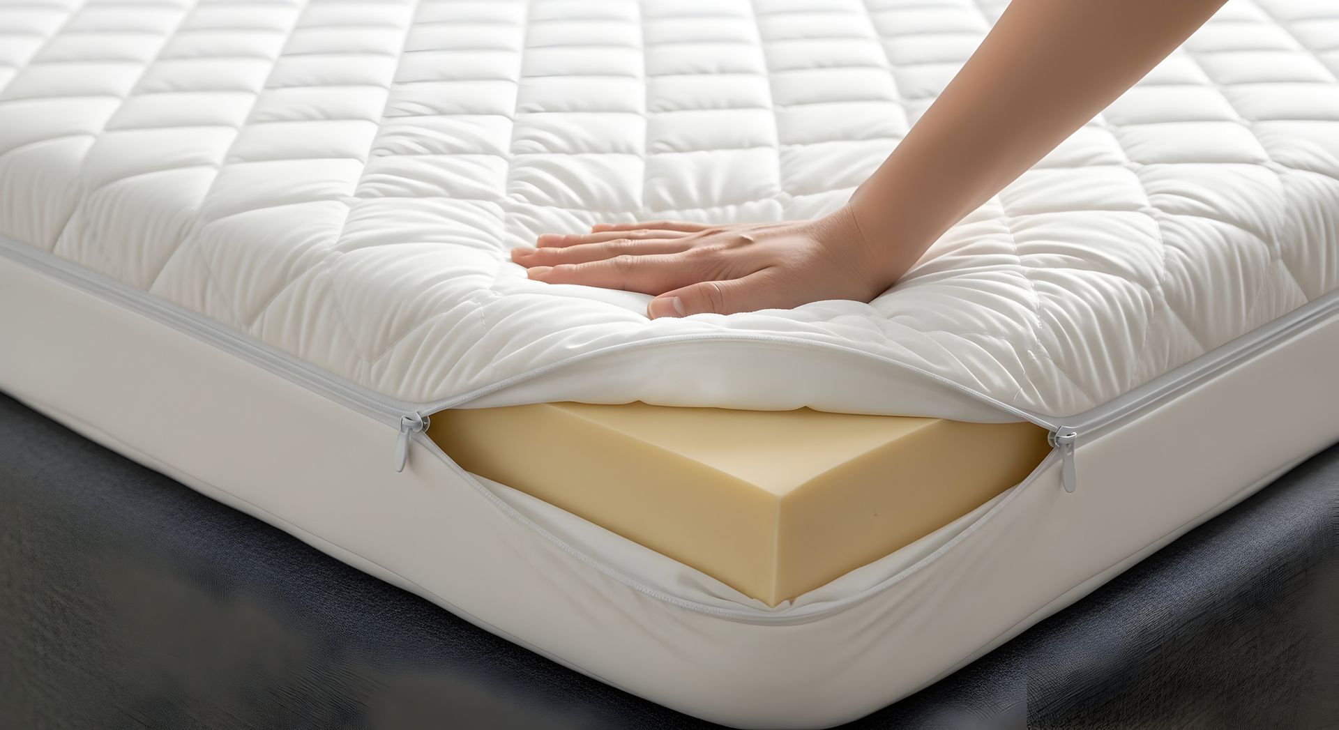 A hand presses down on a white, quilted mattress topper covering a layer of beige memory foam.