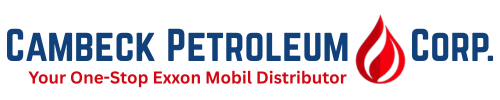 Logo for Cambeck Petroleum Corp., a one-stop Exxon Mobil distributor. Blue text, flame icon, and red flame details.