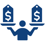 Person holding scales with price tags and dollar signs.