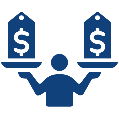 Person holding scales with price tags and dollar signs.