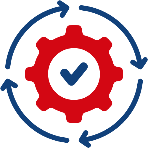Red gear with a checkmark, surrounded by a blue circular arrow.