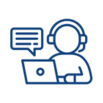 Person with headset using a laptop, a speech bubble appears on the left.