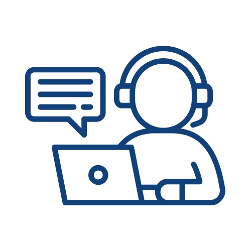 Person with headset using a laptop, a speech bubble appears on the left.