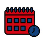 Red calendar with blue squares and clock icon.