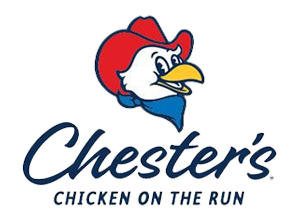 Chester's Chicken logo: Chicken head wearing a cowboy hat, blue bandana, 