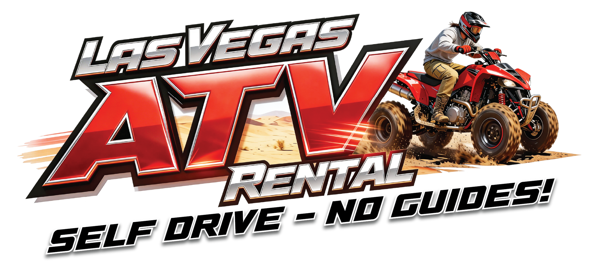 Logo for Las Vegas ATV Rental featuring a silver RZR off-road vehicle above bold, metallic text on a dark shield background.