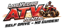 A logo for Las Vegas ATV Rental featuring a person riding a red ATV on desert terrain with the text 