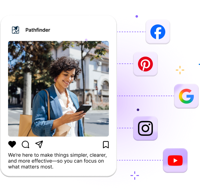 Motimatic Create dashboard with a smartphone screen displaying a social media feed, and pop outs of the post editor