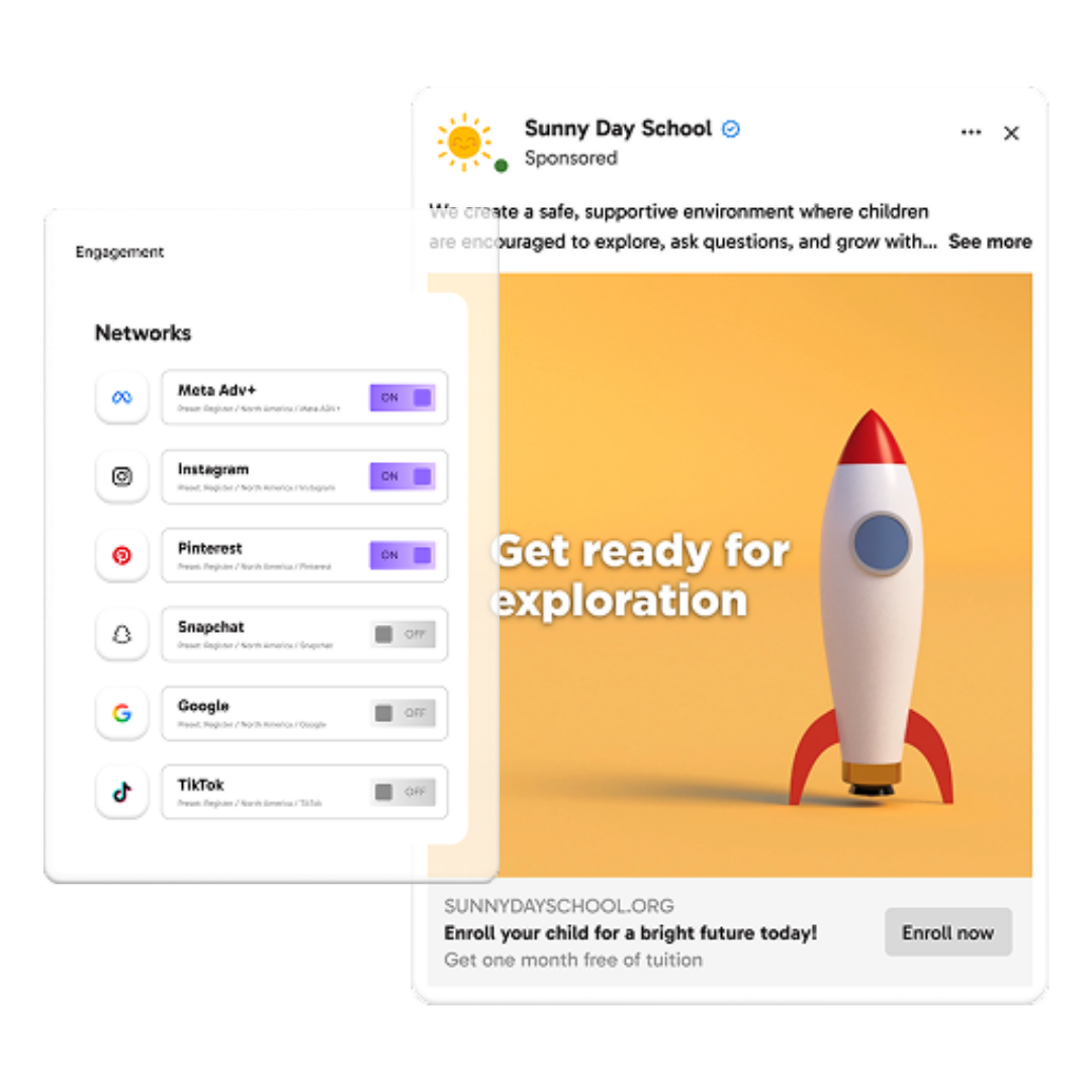 Motimatic Create dashboard with a smartphone screen displaying a social media feed, and pop outs of the post editor