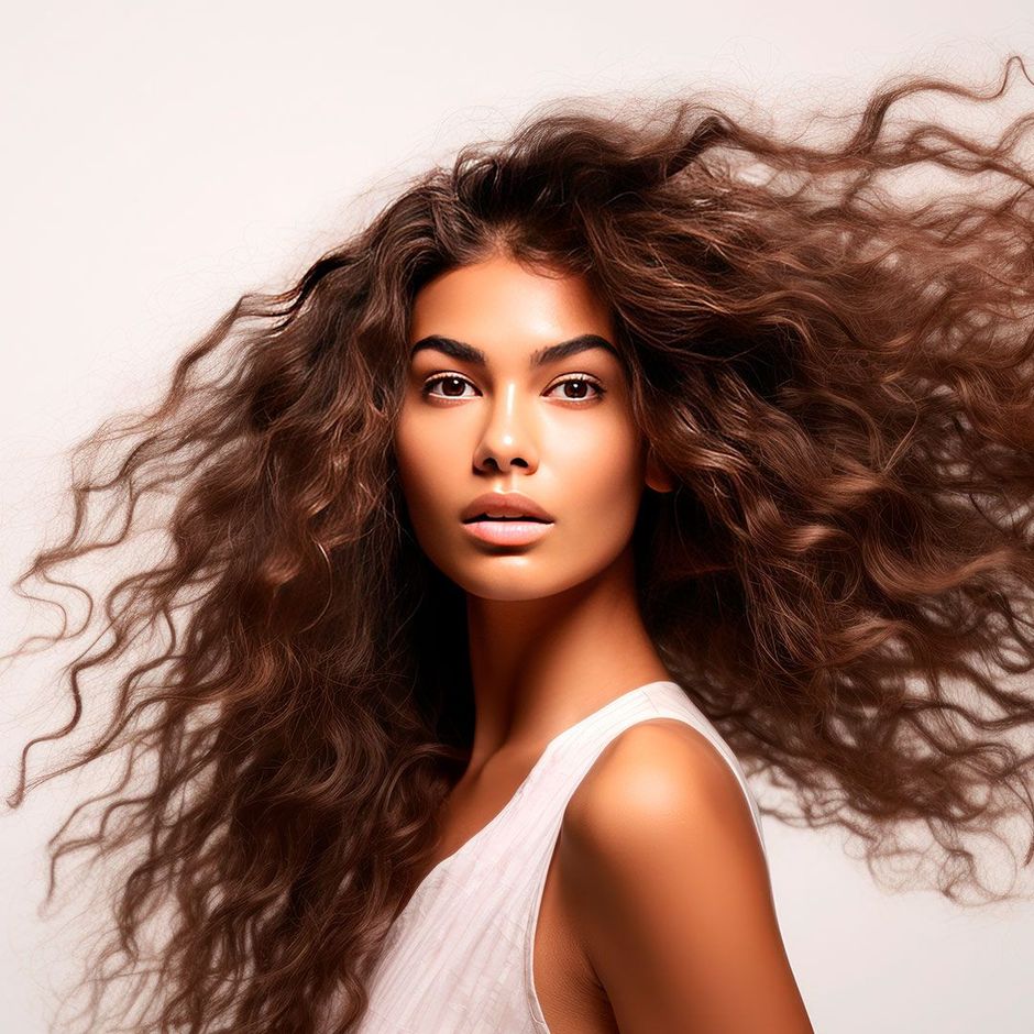 Femme aux longs cheveux bruns ondulés, regardant légèrement vers le haut.