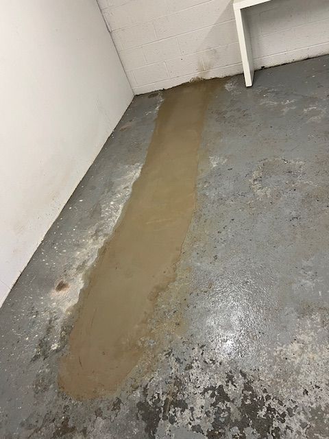 A room with a concrete floor and a white wall.