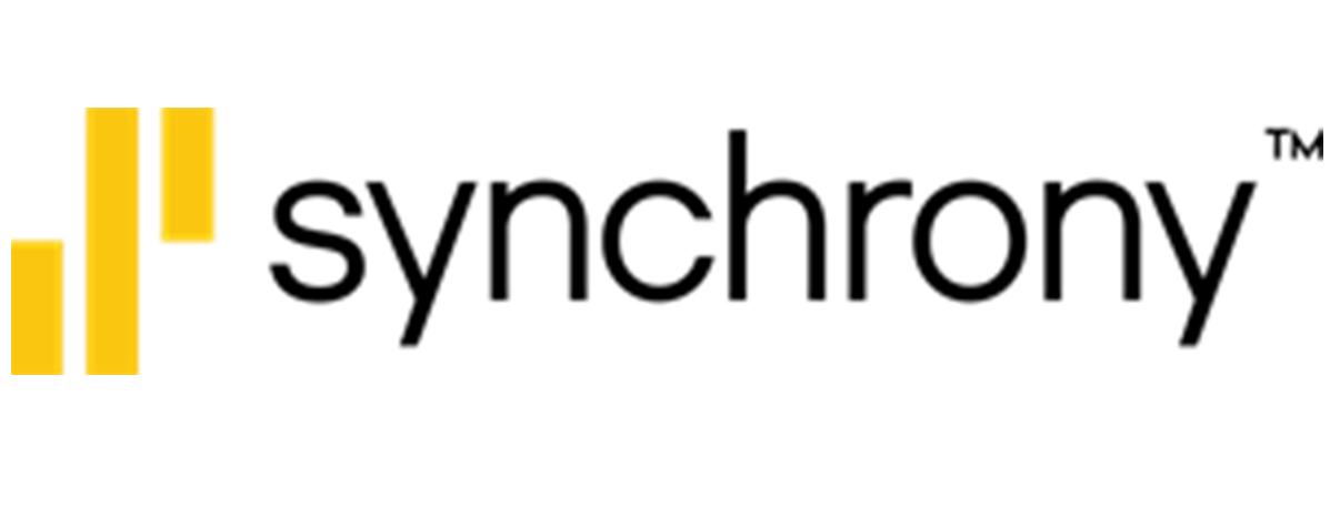 A black and yellow logo for synchrony on a white background