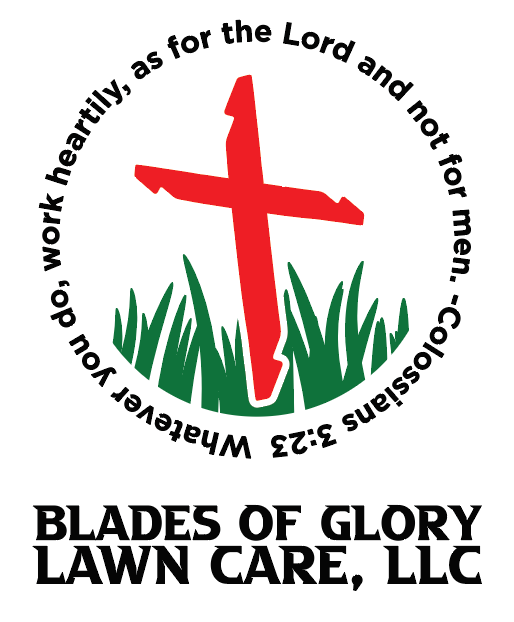 Logo for Blades of Glory Lawn Care, featuring a red cross over green grass with Colossians 3:23 text in a circular border.