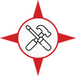 Une icône représentant un tournevis et un marteau croisés à l'intérieur d'un cercle blanc sur un fond d'étoile rouge à quatre branches.