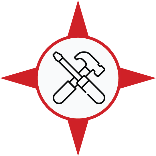 Une icône représentant un tournevis et un marteau croisés à l'intérieur d'un cercle blanc sur un fond d'étoile rouge à quatre branches.