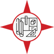Icône en forme d'étoile rouge à quatre branches renfermant un dessin au trait d'outils de dessin : une règle, une équerre et des plans architecturaux enroulés.