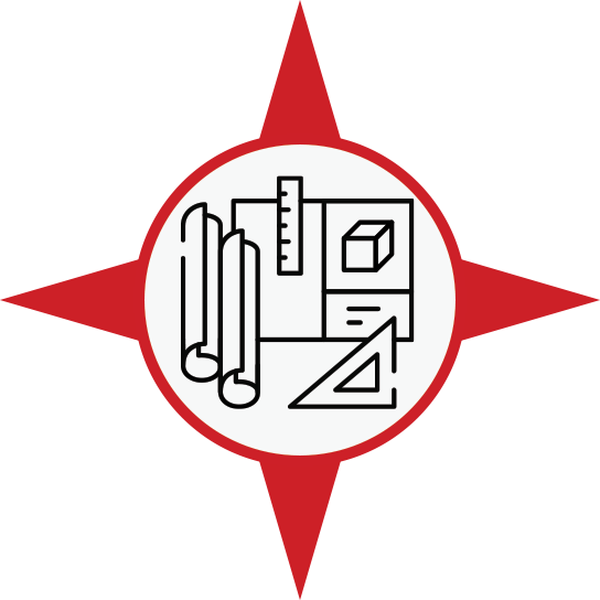 Icône en forme d'étoile rouge à quatre branches renfermant un dessin au trait d'outils de dessin : une règle, une équerre et des plans architecturaux enroulés.
