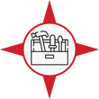 Le contour noir d'une boîte à outils contenant un marteau et des tournevis, centré à l'intérieur d'une étoile rouge à quatre branches.